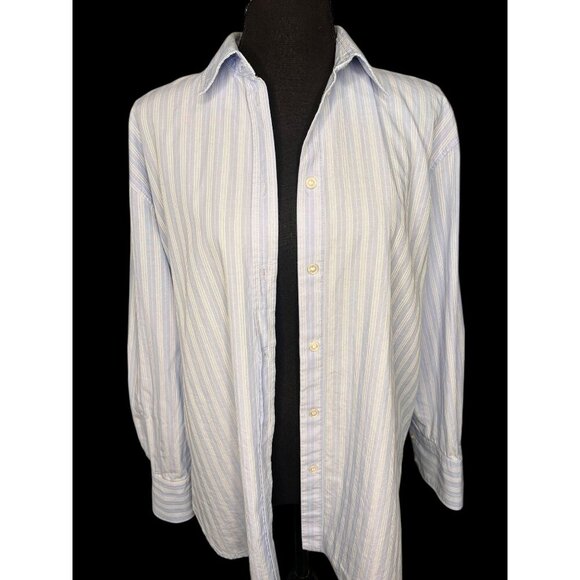 ZARA Striped Long-Sleeve Shirt Women M Blue /White With Back Button nautical - Picture 2 of 9